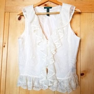 Lauren Ralph Lauren Lace Ruffle Trim Button Up V-neck Sleeveless Top